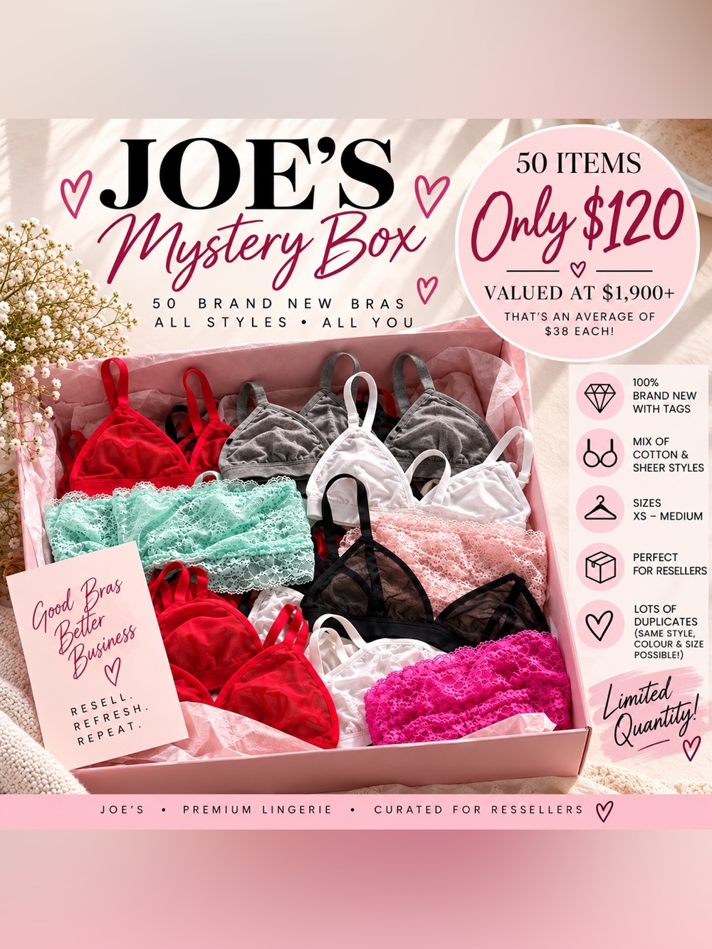 Joe's Jeans Lace & Mesh Bra Bundle - Red, Pink, Black, White, Gray, Mint